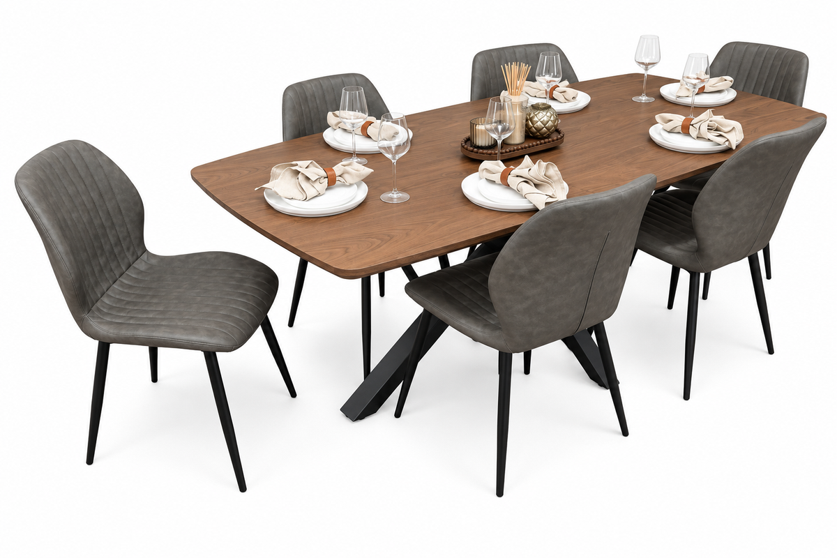 New York walnut extending dining table with 6 Lyra grey PU chairs