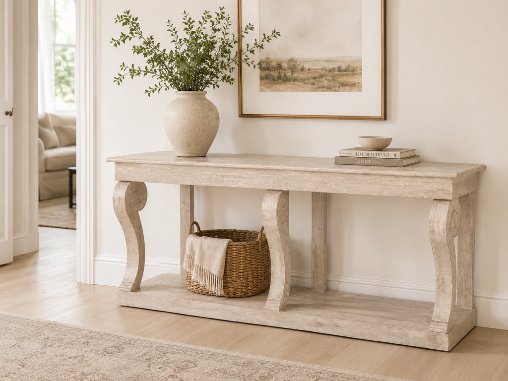 Montclair Scroll Console Table – Reclaimed Wood, Whitewash