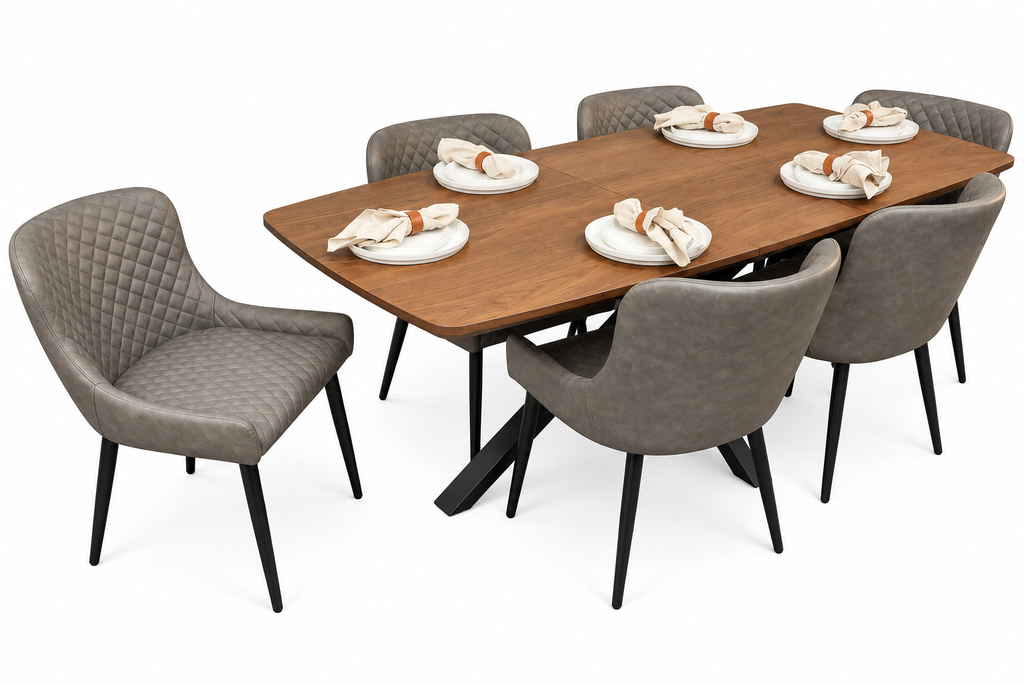 New York walnut extending dining table with 6 Diamond grey PU chairs