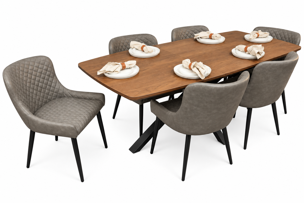 New York walnut extending dining table with 6 Diamond grey PU chairs