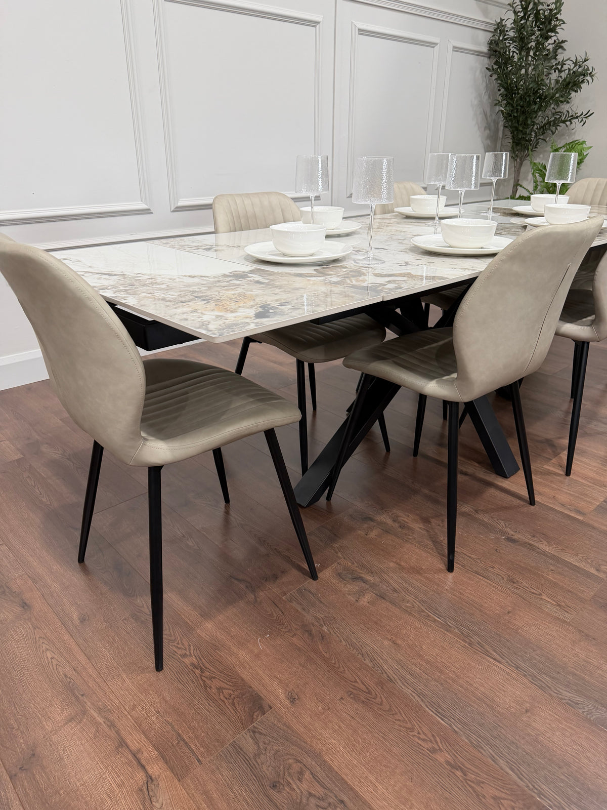 Sorrento Extending Sintered Stone Dining Set + 6 Lyra Taupe Chairs