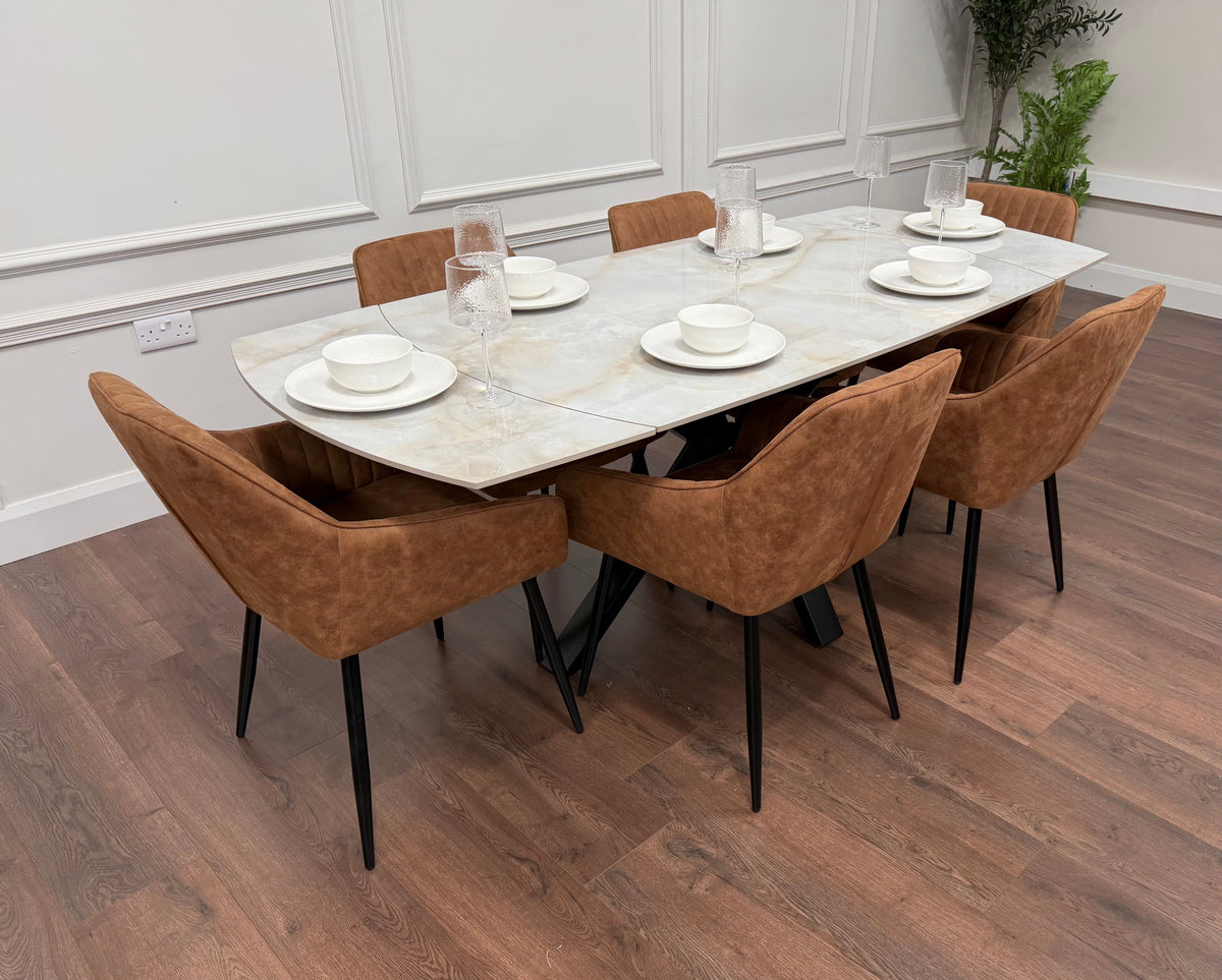 Positano Extending Sintered Stone Dining Set + 6 EZ Tan Suede Chairs