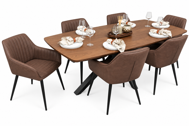 New York walnut extending dining table with 6 EZ brown PU chairs