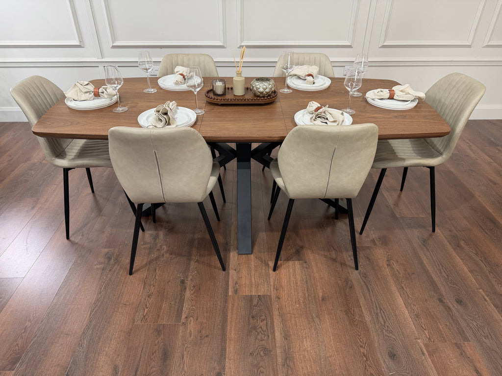 New York walnut extending dining table with 6 Lyra taupe PU chairs - photo 6