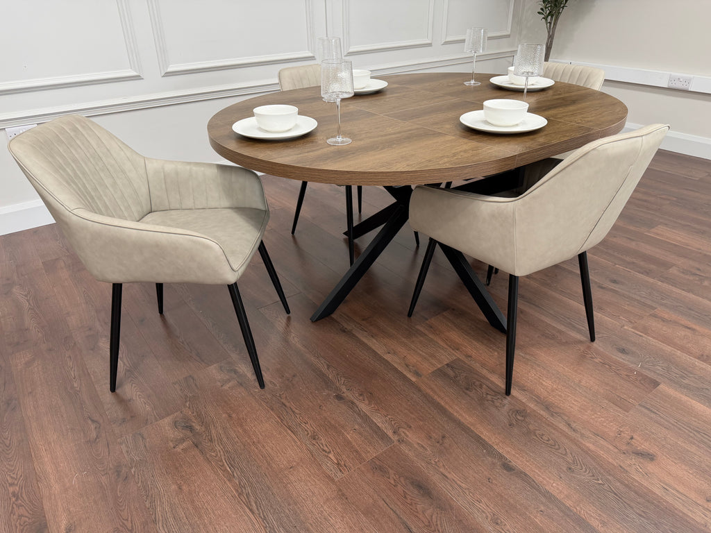 Pan 1.2m–1.6m Extending Dining Table with EZ Taupe PU Chairs