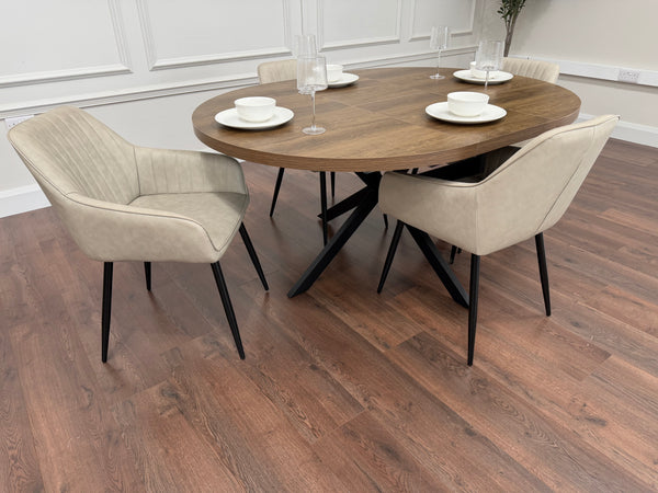 Pan 1.2m–1.6m Extending Dining Table with EZ Taupe PU Chairs