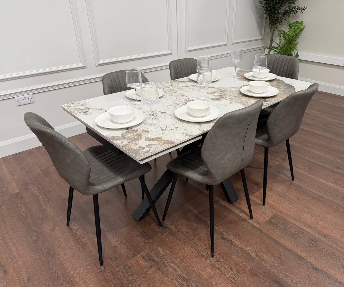 Sorrento Extending Sintered Stone Dining Set + 6 Lyra Grey Chairs
