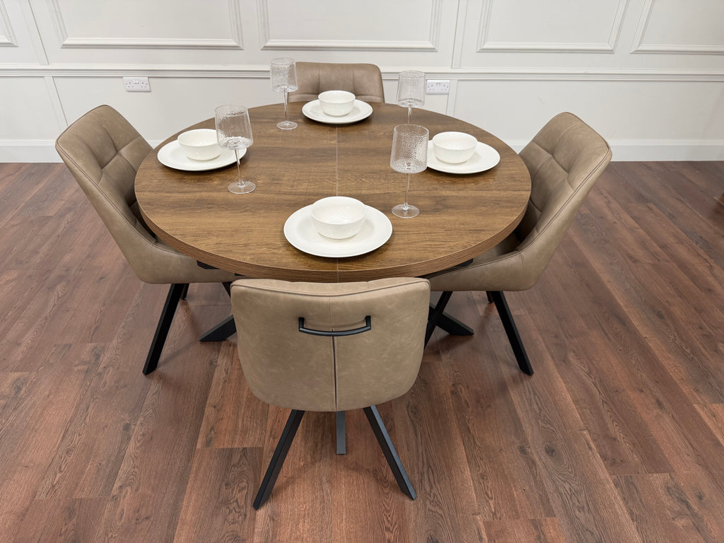 Pan 1.2m–1.6m Extending Dining Table with Pedro Dark Taupe PU Chairs