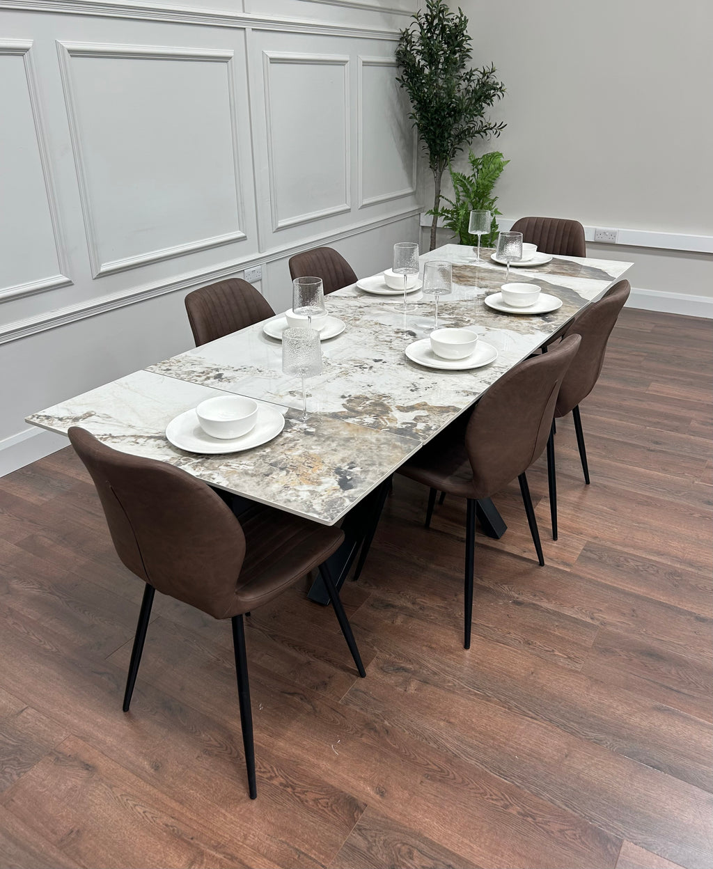 Sorrento Extending Sintered Stone Dining Set + 6 Lyra Brown Chairs