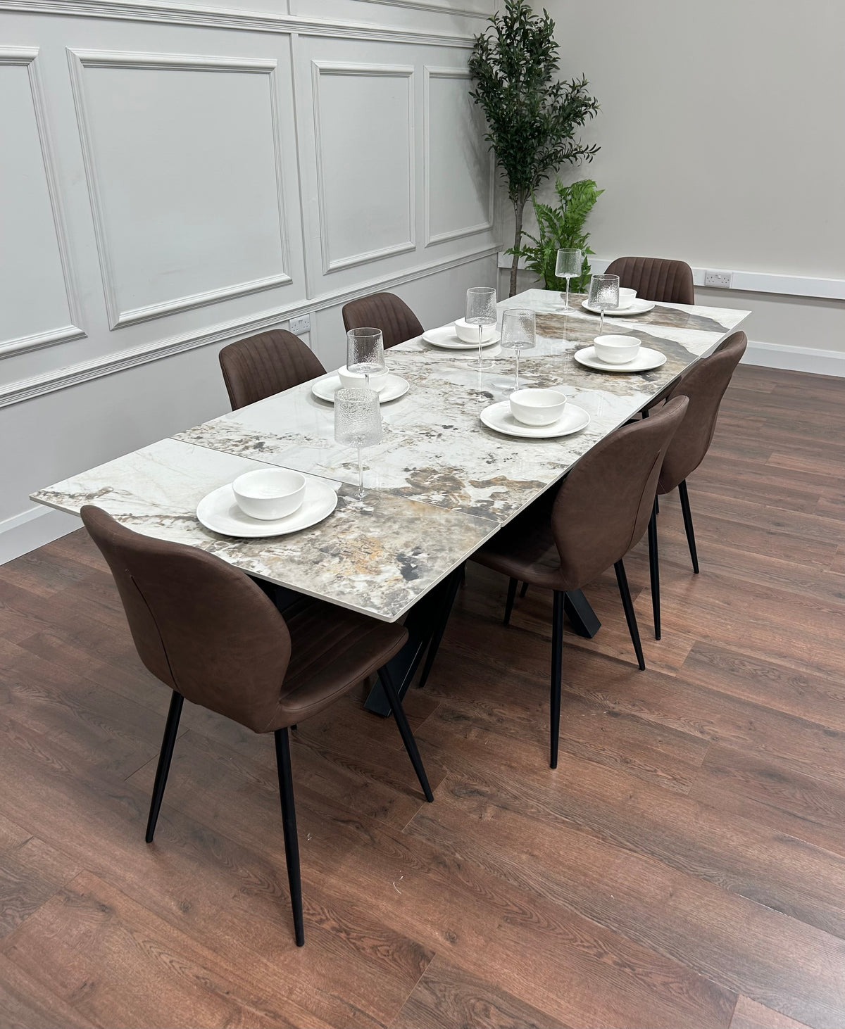 Sorrento Extending Sintered Stone Dining Set + 6 Lyra Brown Chairs