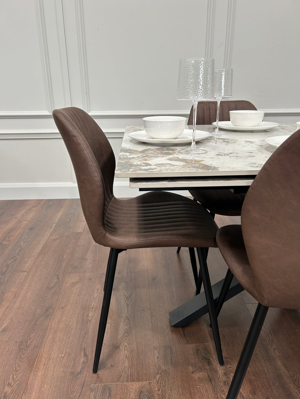 Sorrento Extending Sintered Stone Dining Set + 6 Lyra Brown Chairs