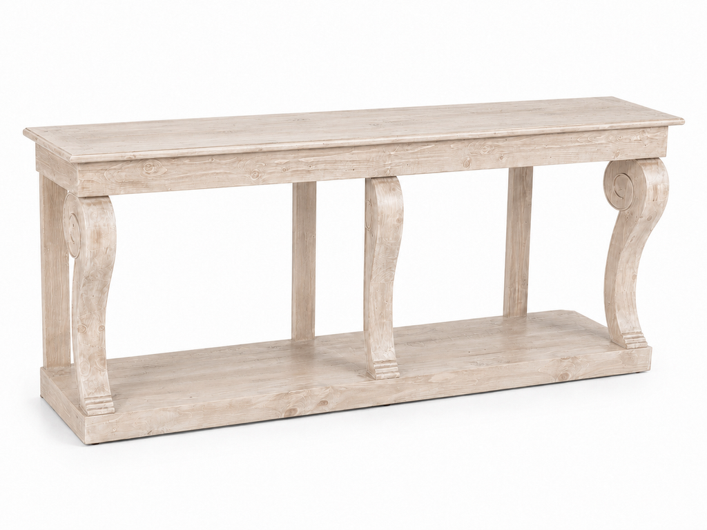 Montclair Scroll Console Table – Reclaimed Wood, Whitewash