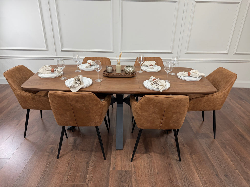 New York walnut extending dining table with 6 EZ tan suede chairs - photo 6