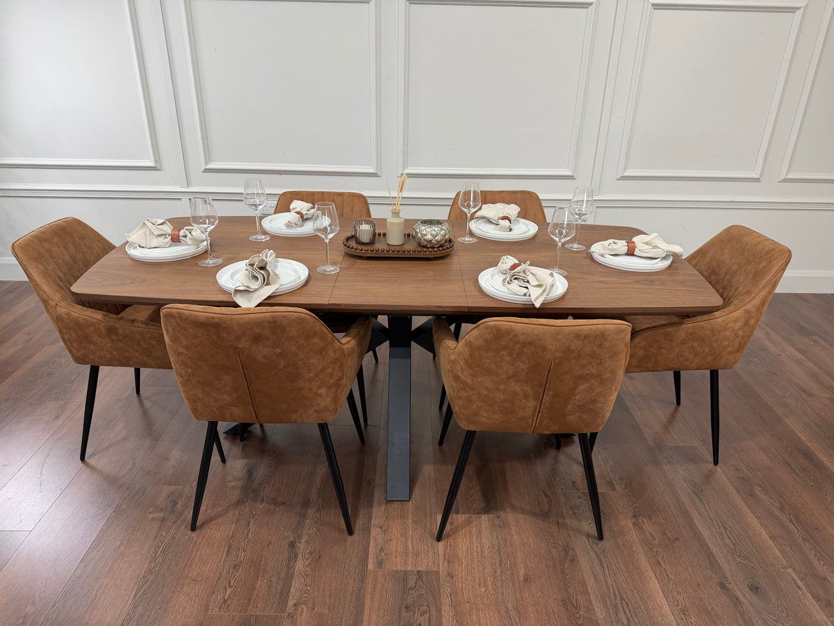 New York walnut extending dining table with 6 EZ tan suede chairs - photo 6