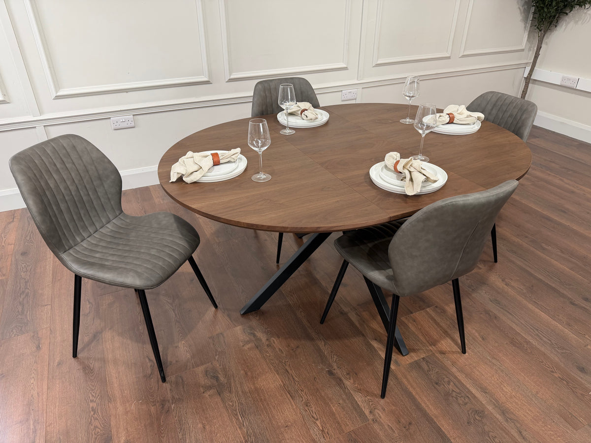 New York dark oak round extending dining table with 4 Lyra grey PU chairs - photo 2