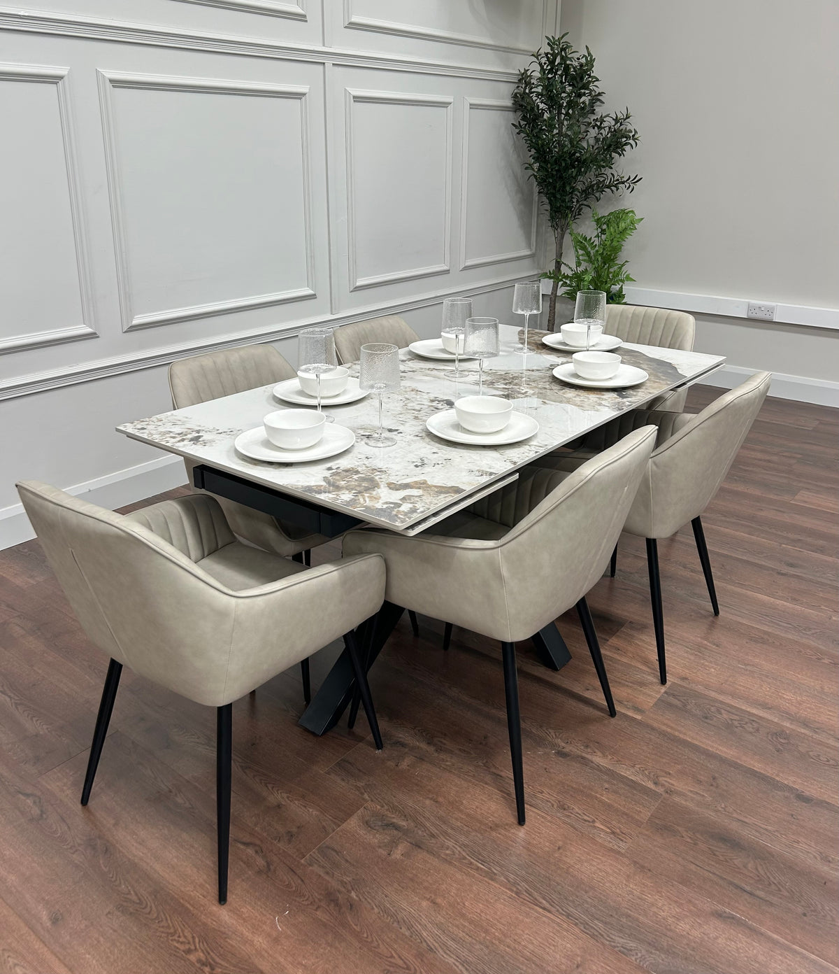 Sorrento Extending Sintered Stone Dining Set + 6 EZ Taupe Chairs