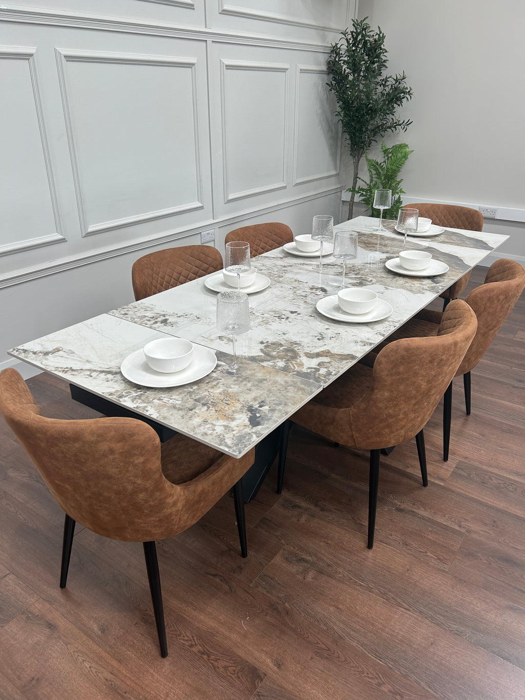 Sorrento Extending Sintered Stone Dining Set + 6 Diamond Tan Suede Chairs