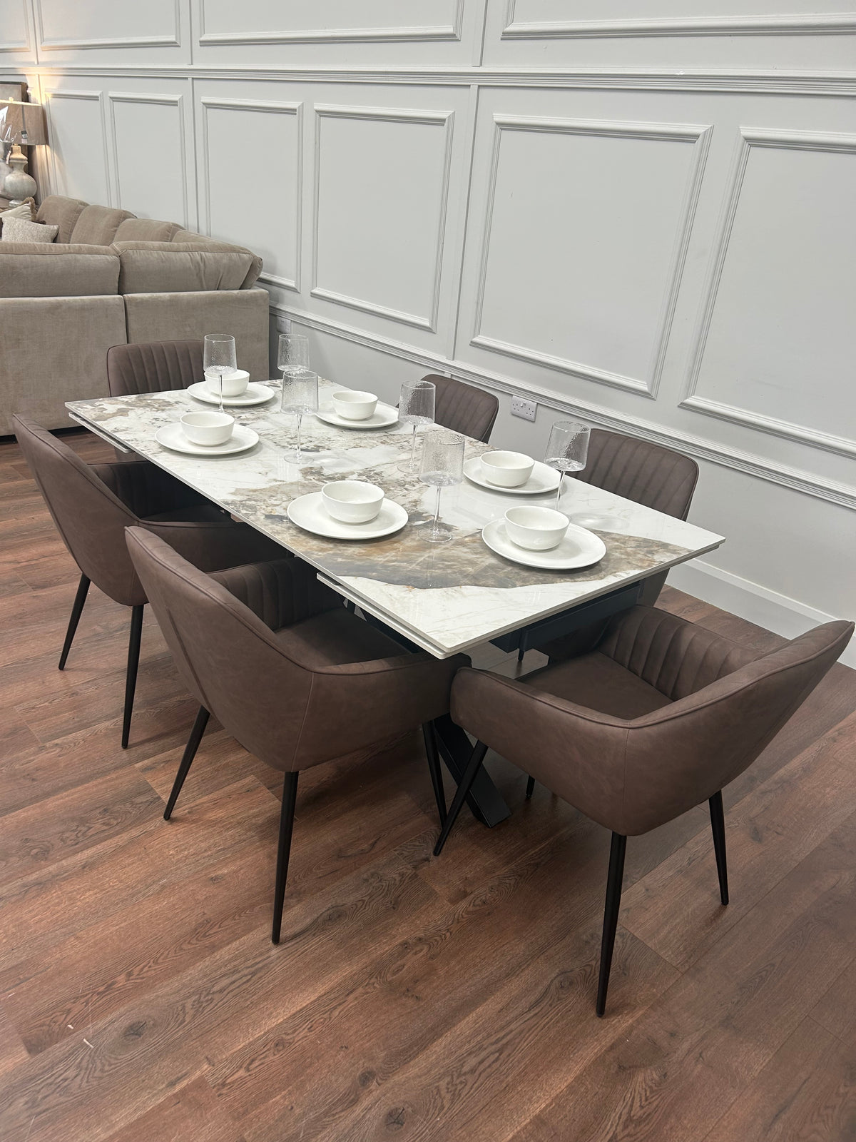 Sorrento Extending Sintered Stone Dining Set + 6 EZ Brown Chairs