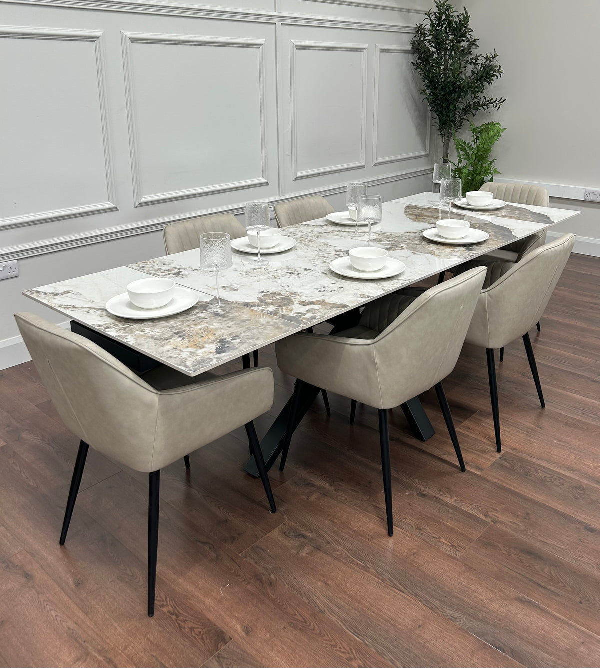 Sorrento Extending Sintered Stone Dining Set + 6 EZ Taupe Chairs