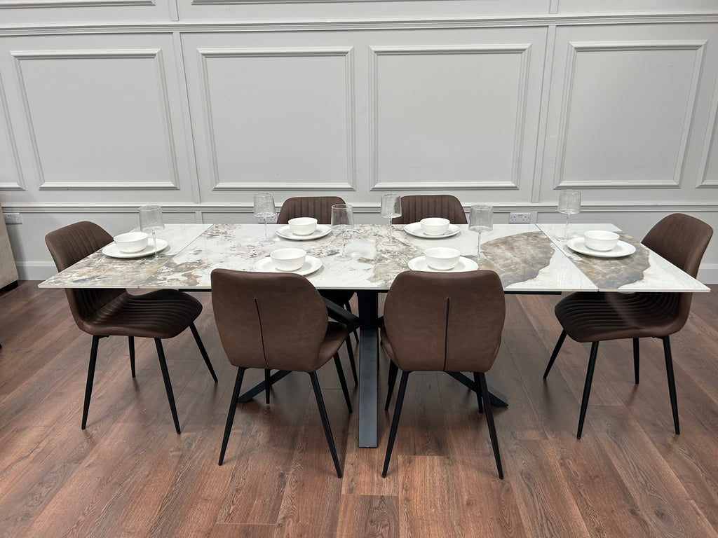 Sorrento Extending Sintered Stone Dining Set + 6 Lyra Brown Chairs