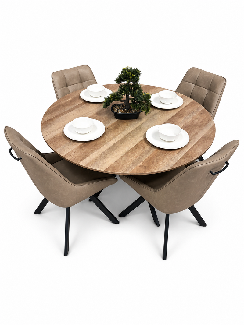 Epsom Rustic Oak 1.2m + 4 Pedro Dark Taupe PU Chairs