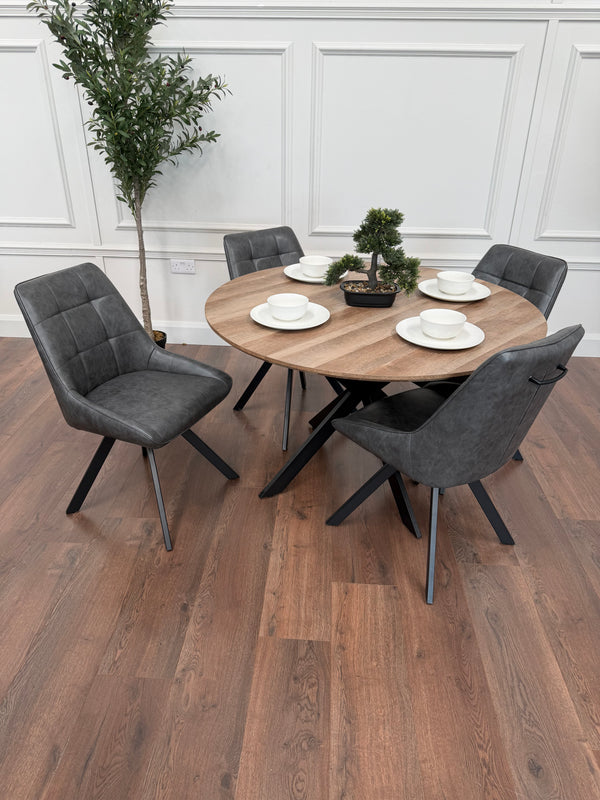 Epsom Rustic Oak 1.2m + 4 Pedro Charcoal PU Chairs