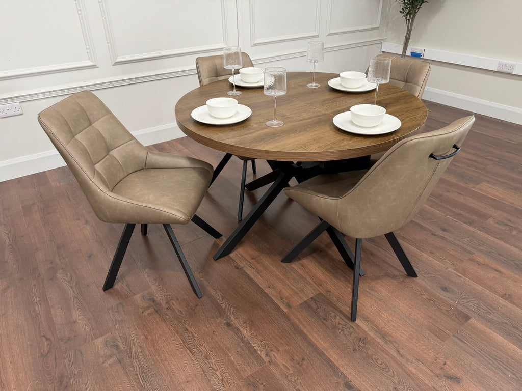Pan 1.2m–1.6m Extending Dining Table with Pedro Dark Taupe PU Chairs