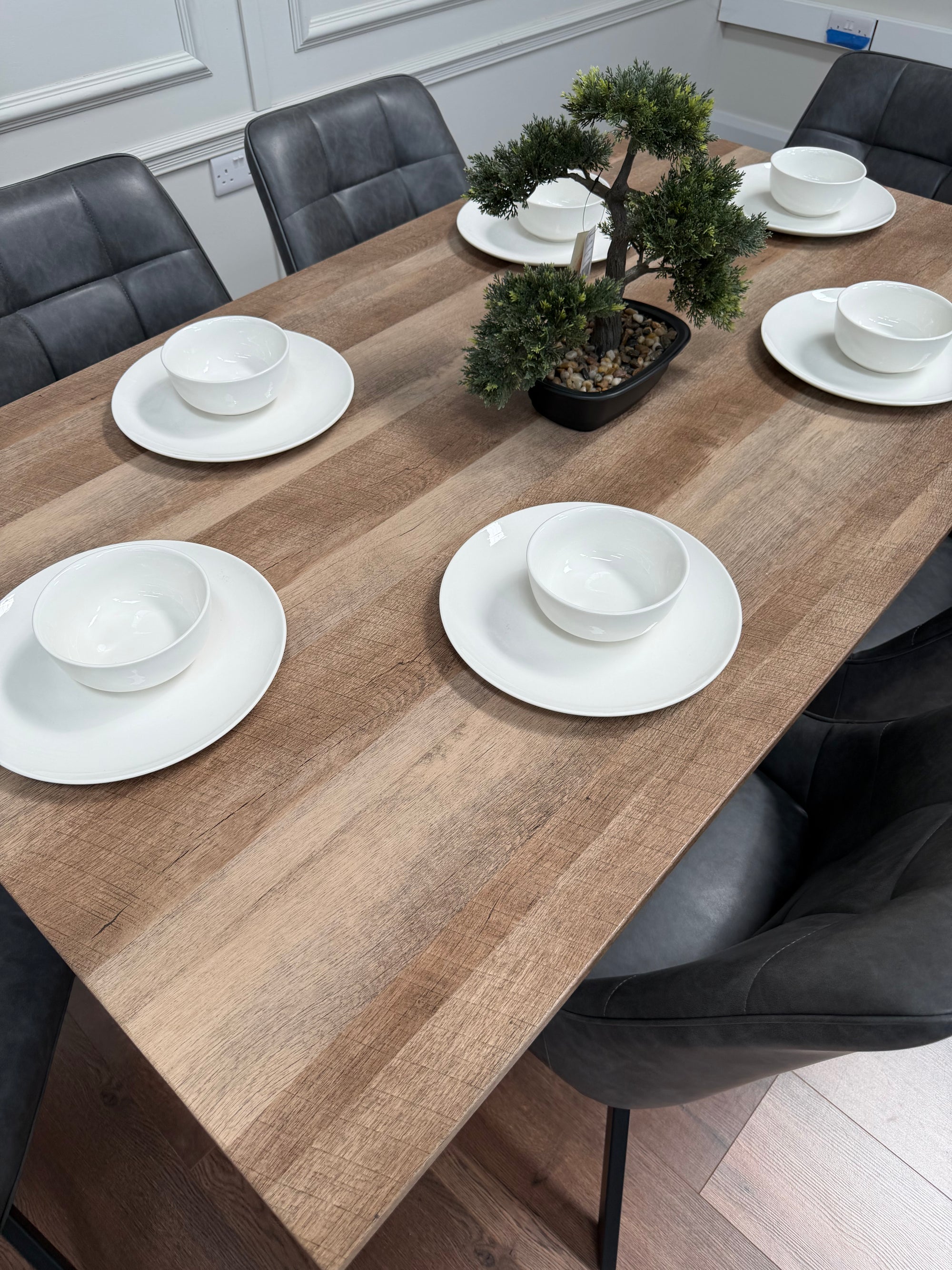 Epsom 1.6m Rustic Oak + 6 Pedro Charcoal Grey PU Chairs