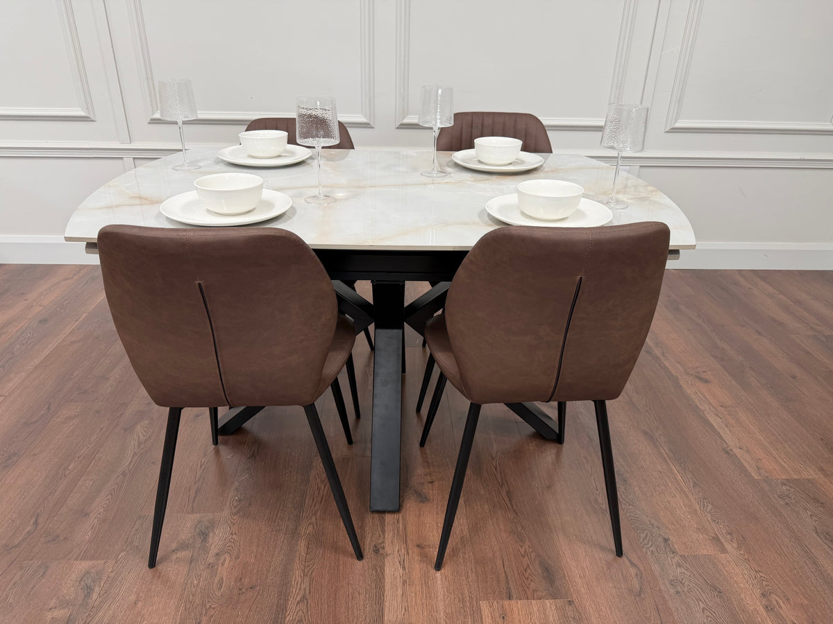 Positano Extending Sintered Stone Dining Table + 6 Lyra Brown PU Chairs