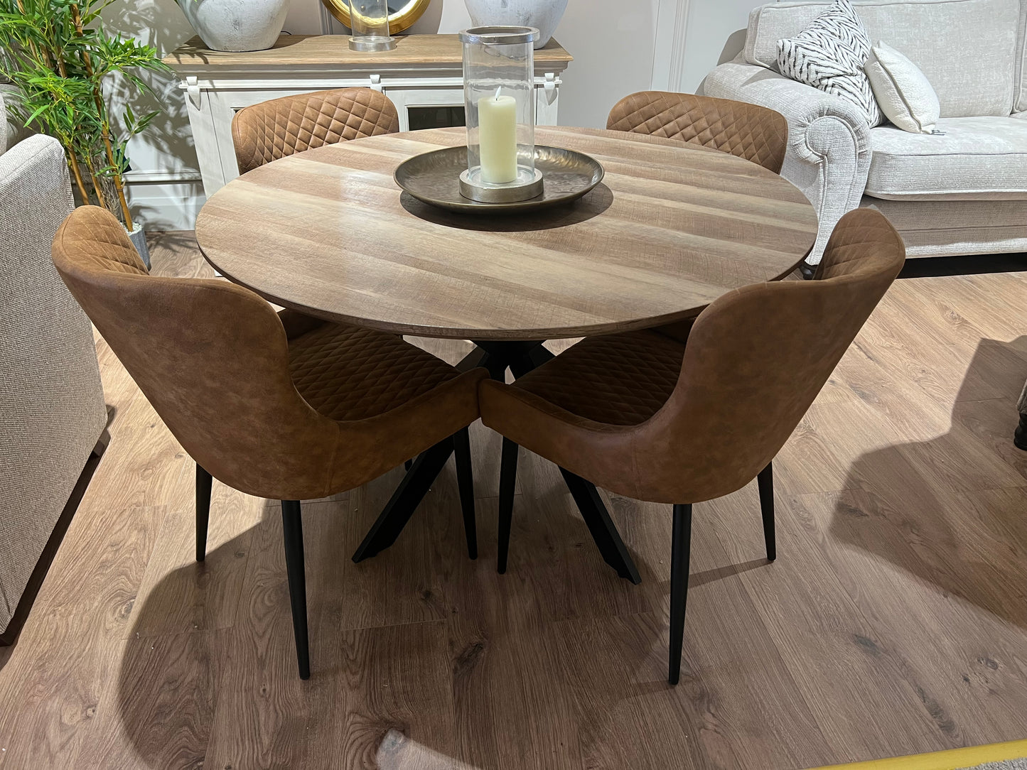 Epsom Rustic Oak 1.2m + 4 Diamond Tan Suede Chairs