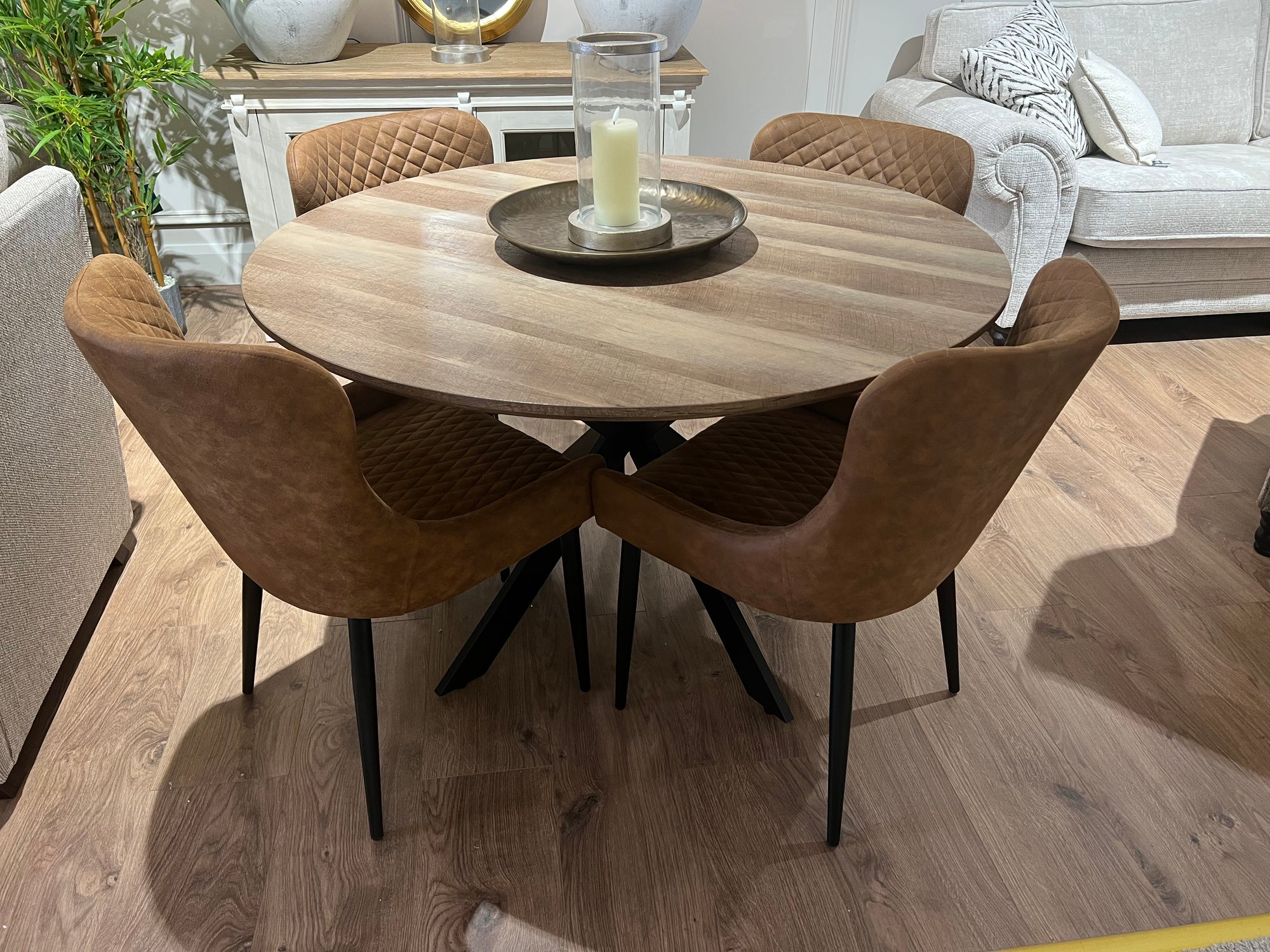 Epsom Rustic Oak 1.2m + 4 Diamond Tan Suede Chairs