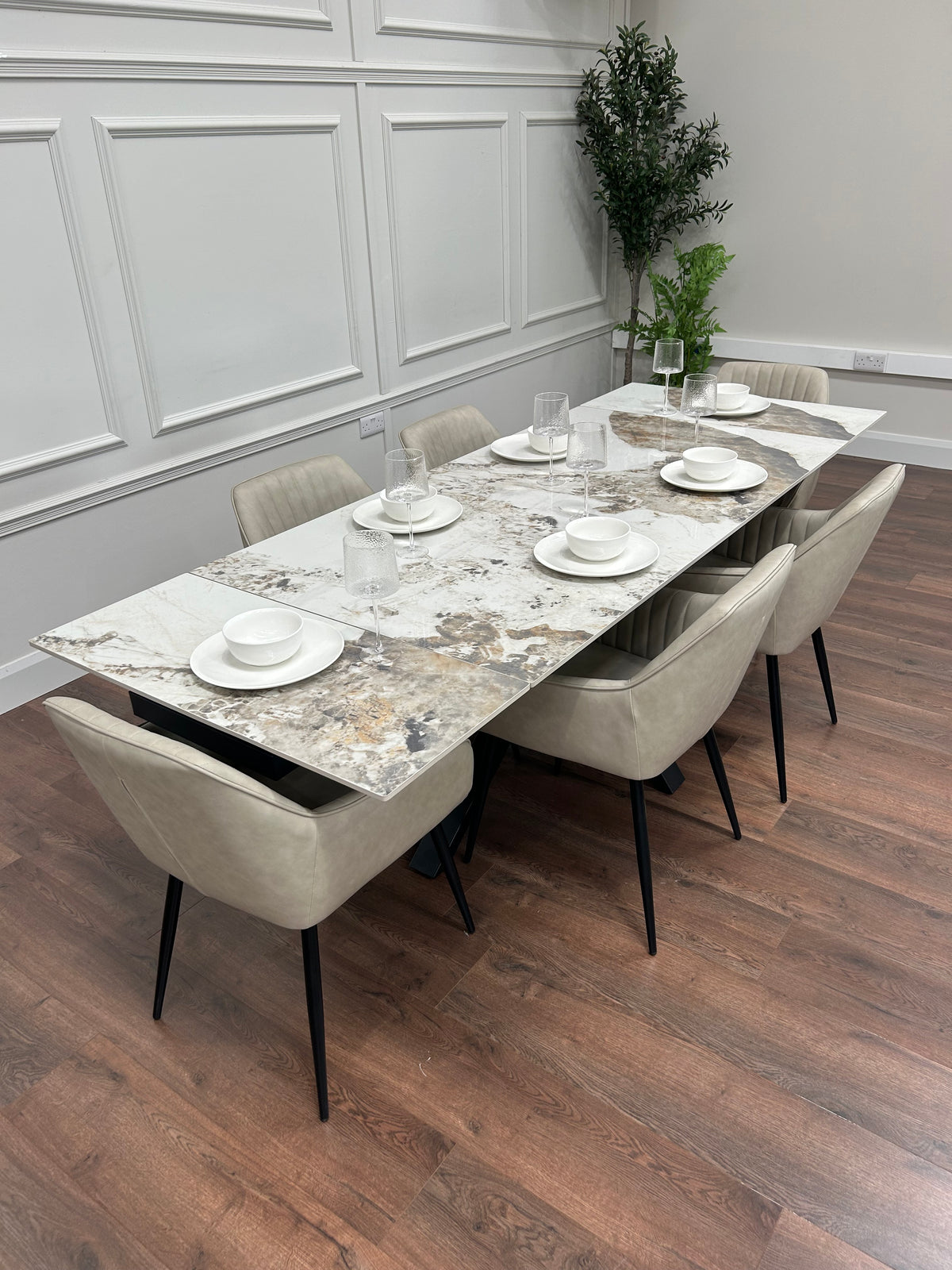 Sorrento Extending Sintered Stone Dining Set + 6 EZ Taupe Chairs