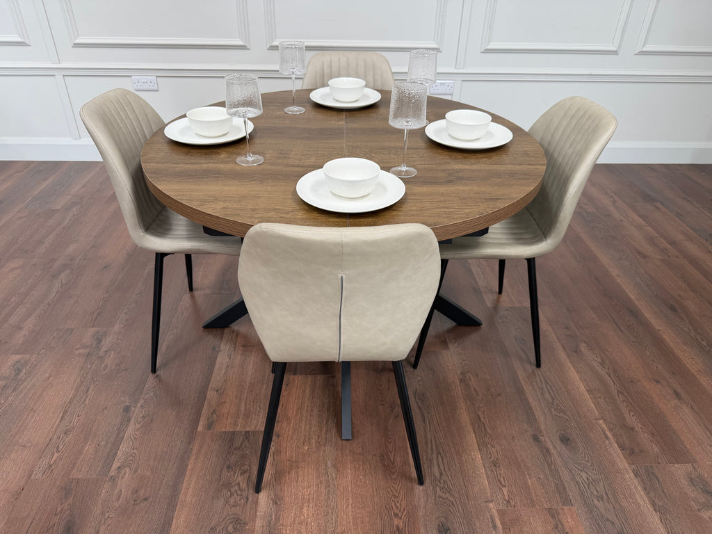 Pan 1.2m–1.6m Extending Dining Table with Lyra Taupe PU Chairs