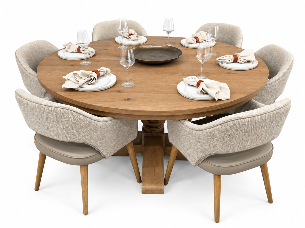 Westbury 1.55m round oak dining table with 6 Pisa taupe chairs