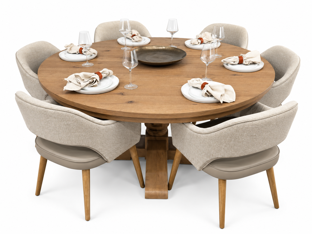 Westbury 1.55m round oak dining table with 6 Pisa taupe chairs