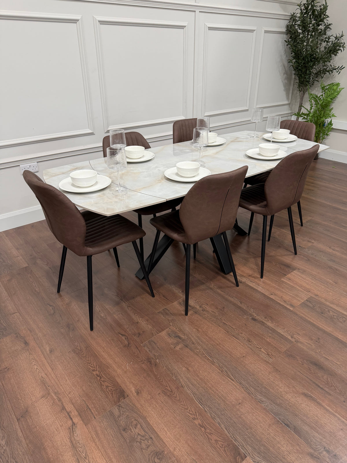 Positano Extending Sintered Stone Dining Table + 6 Lyra Brown PU Chairs