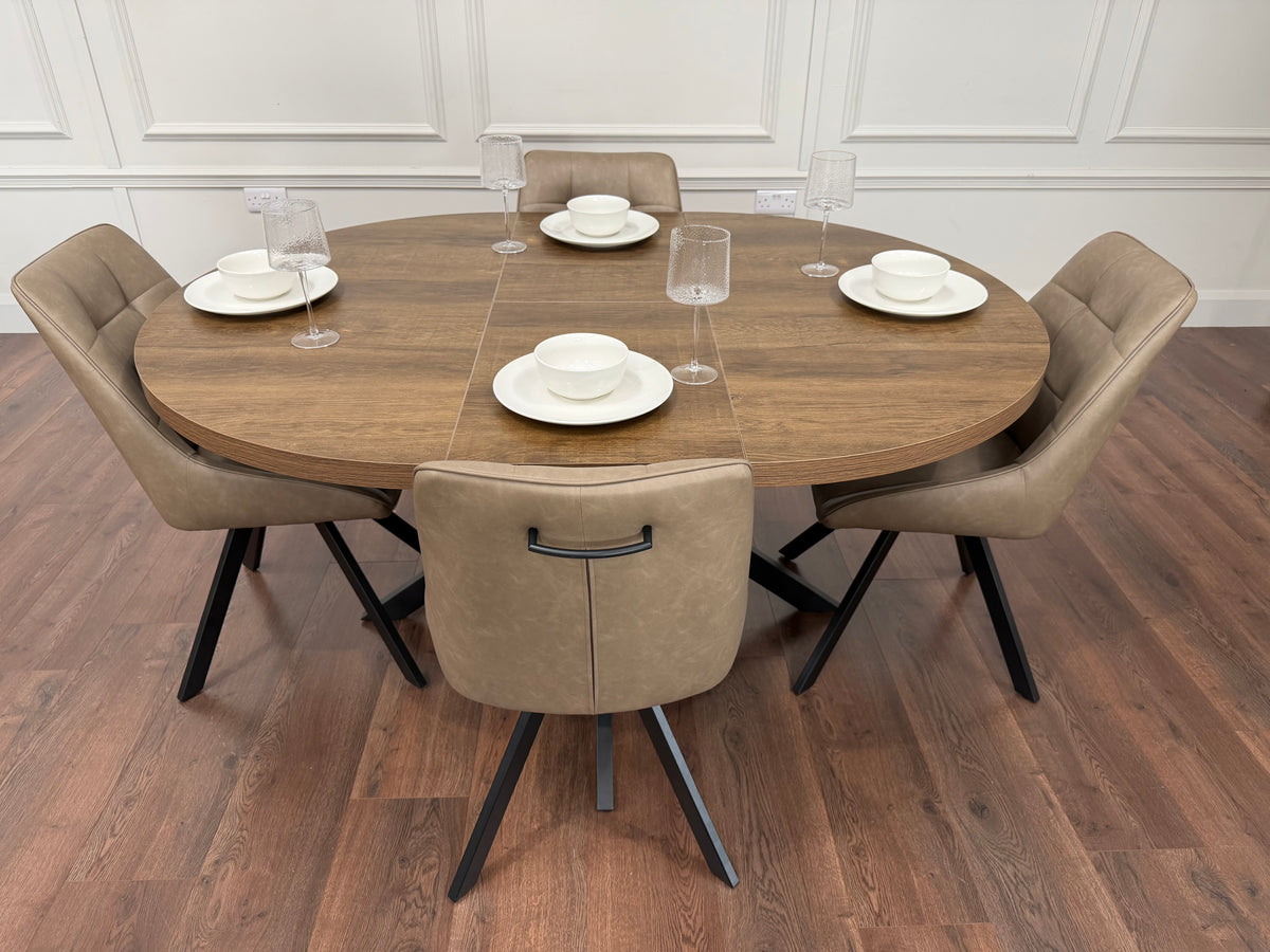 Pan 1.2m–1.6m Extending Dining Table with Pedro Dark Taupe PU Chairs