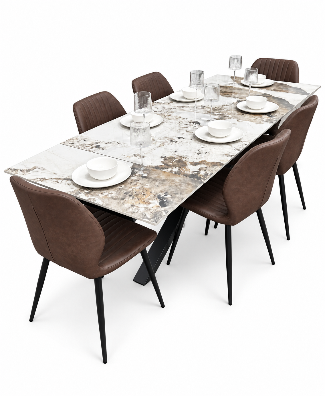 Sorrento Extending Sintered Stone Dining Set + 6 Lyra Brown Chairs