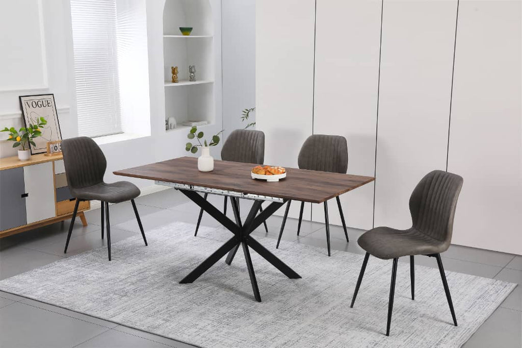 Epsom Dark Oak 1.2m/1.6m + 4 Lyra Chairs Grey PU