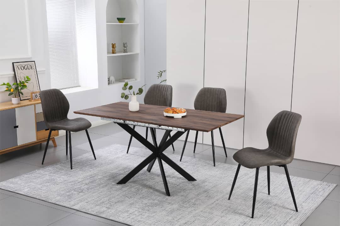 Epsom Dark Oak 1.2m/1.6m + 4 Lyra Chairs Grey PU