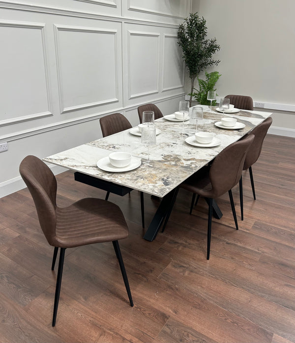 Sorrento Extending Sintered Stone Dining Set + 6 Lyra Brown Chairs