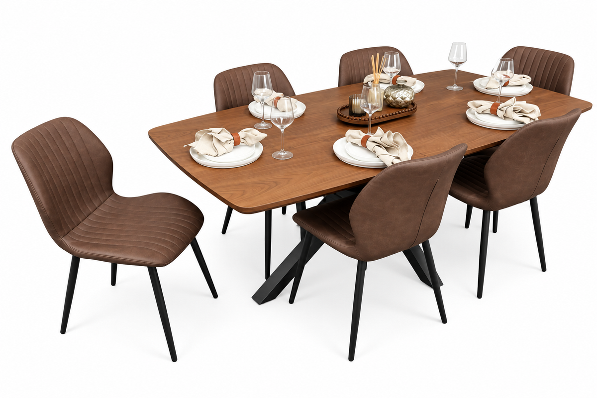 New York walnut extending dining table with 6 Lyra brown PU chairs