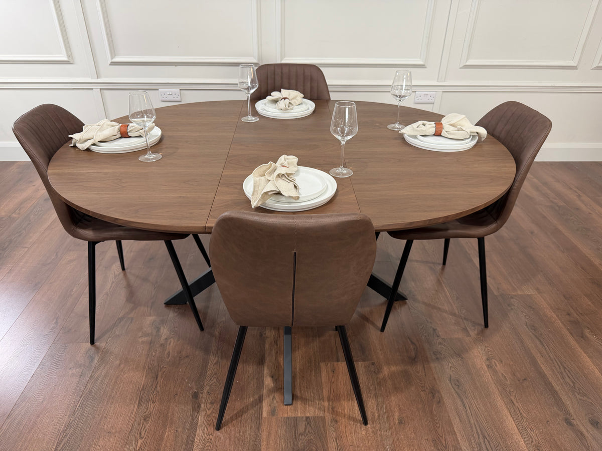 New York dark oak round extending dining table with 4 Lyra brown PU chairs - photo 3