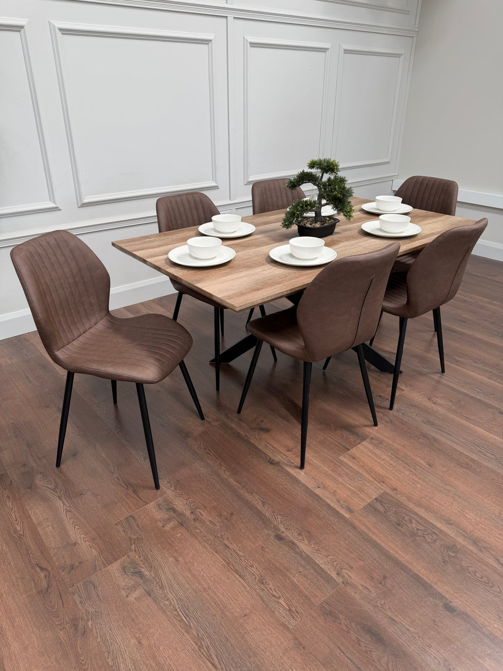 Epsom Rustic Oak  1.6m + 6 Lyra Chairs Brown  PU