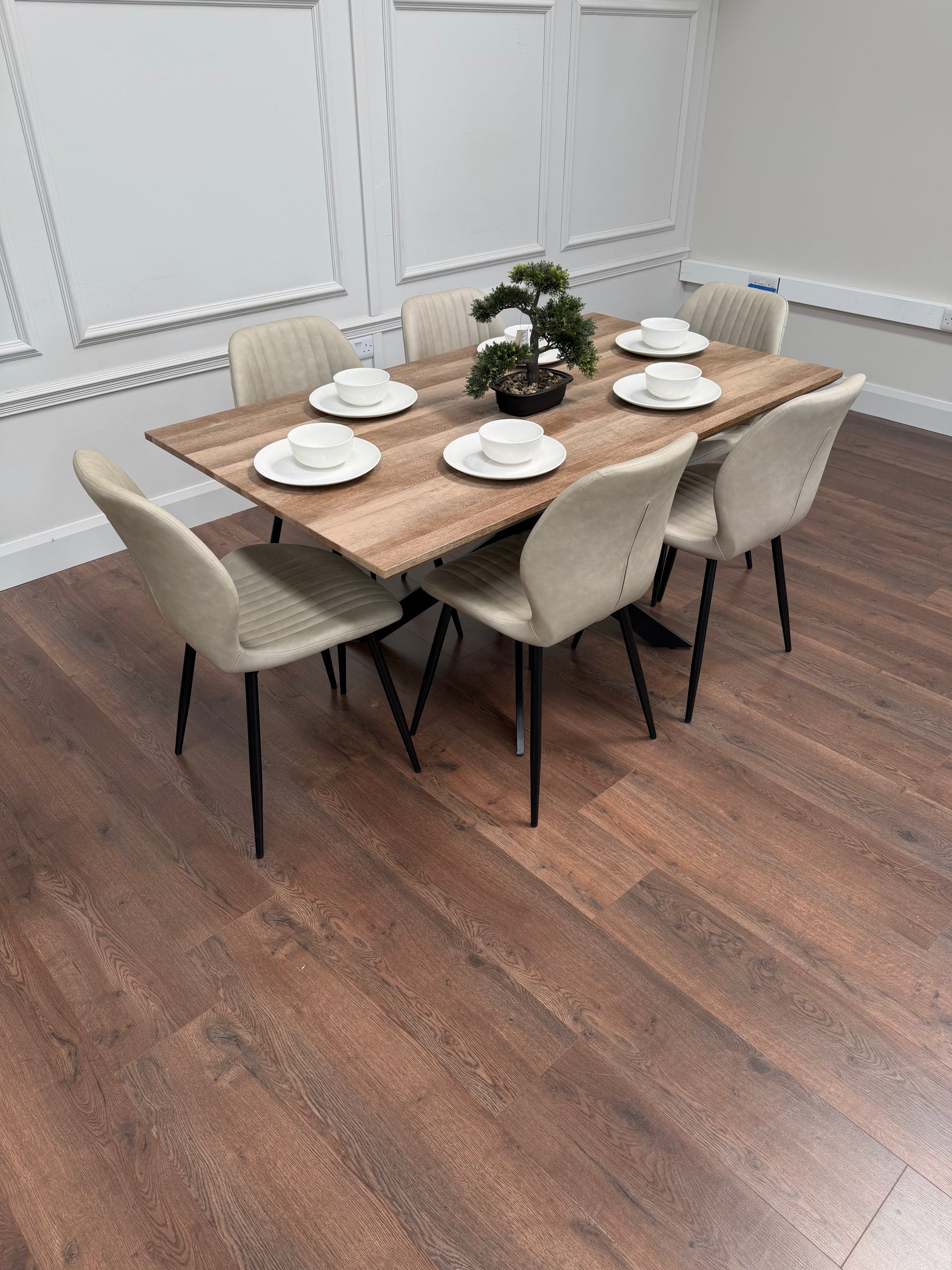 Epsom Rustic Oak 1.6m + 6 Lyra Chairs Taupe  PU