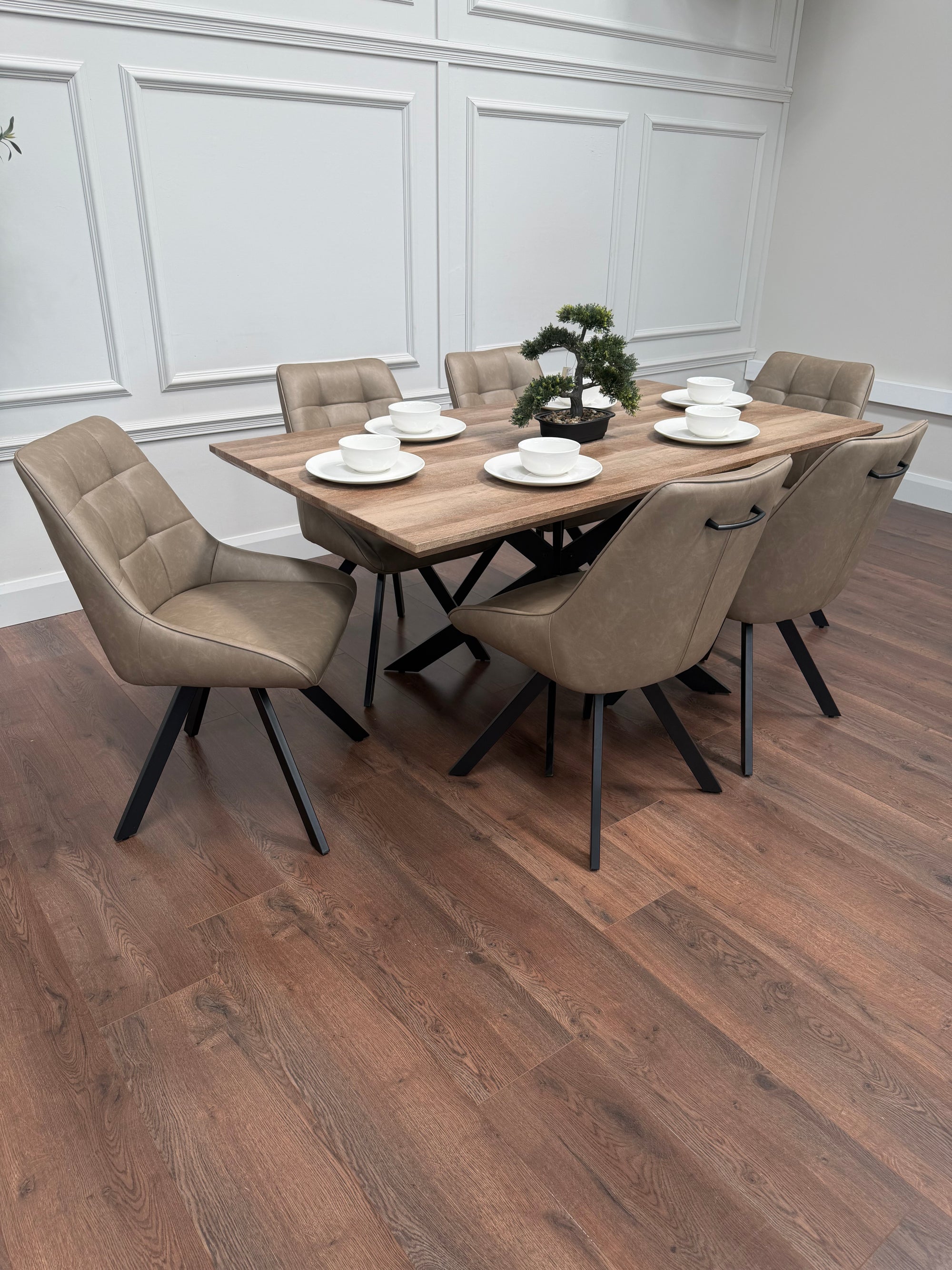 Epsom 1.6m Rustic Oak + 6 Pedro Dark Taupe PU Chairs