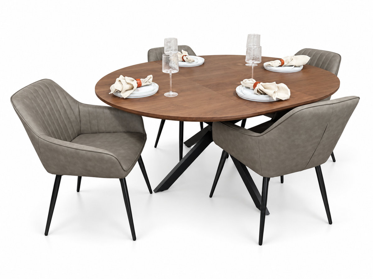 New York dark oak round extending dining table with 4 EZ grey PU chairs