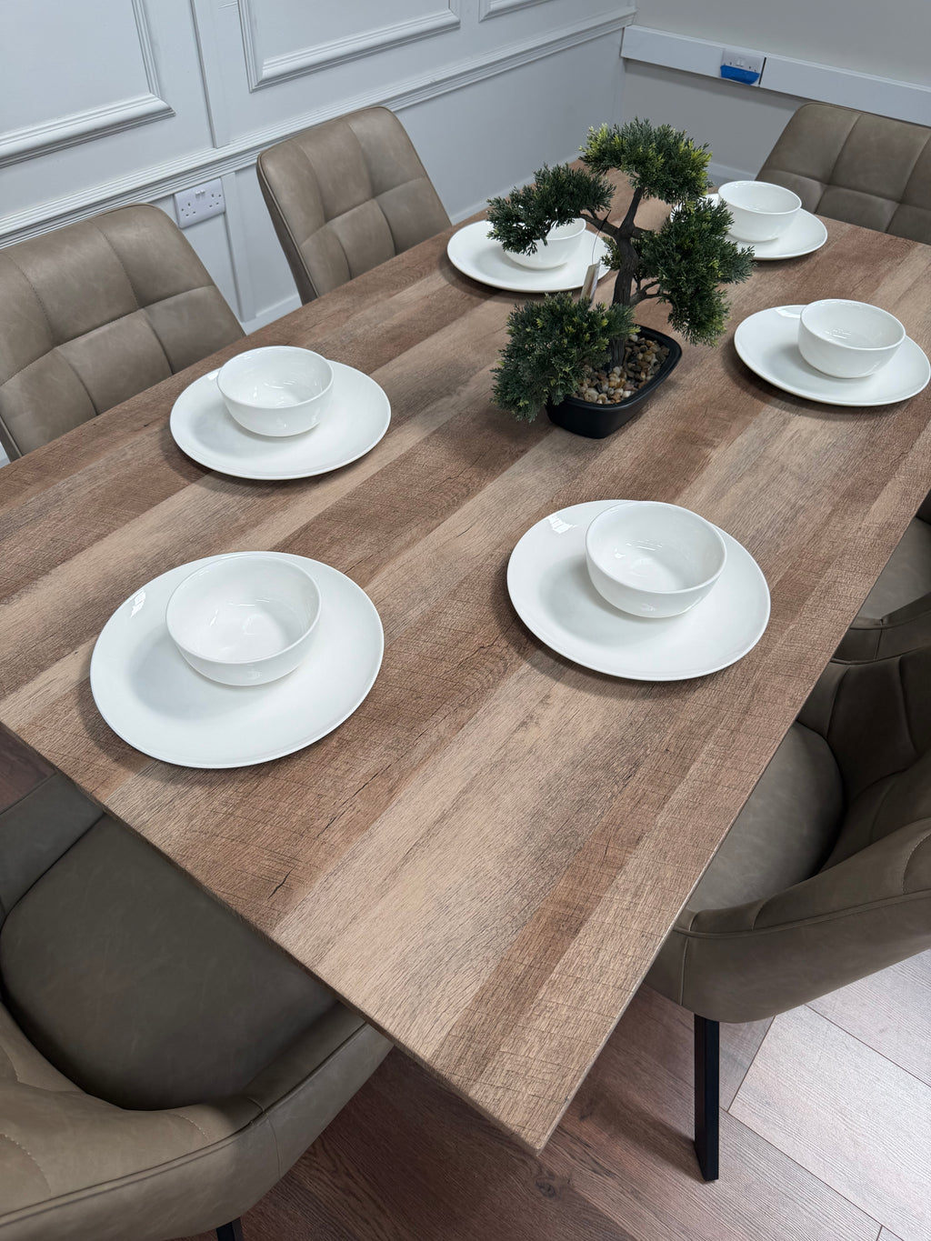 Epsom 1.6m Rustic Oak + 6 Pedro Dark Taupe PU Chairs