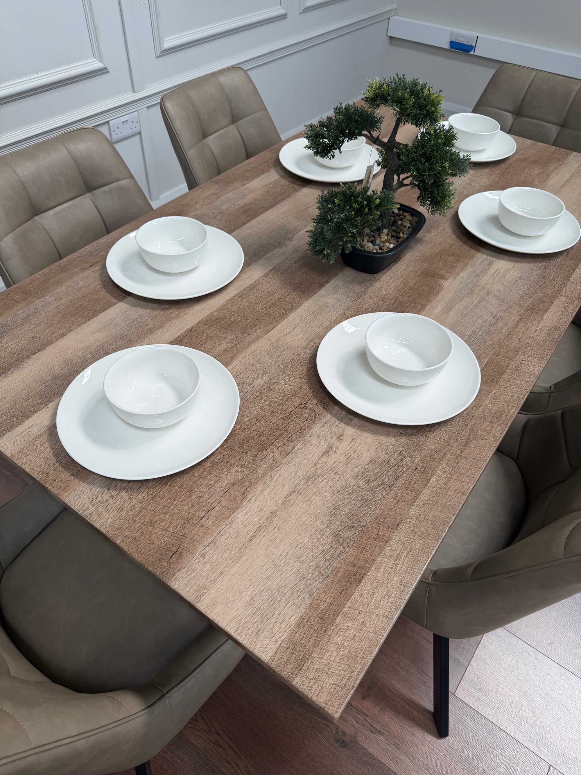 Epsom 1.6m Rustic Oak + 6 Pedro Dark Taupe PU Chairs