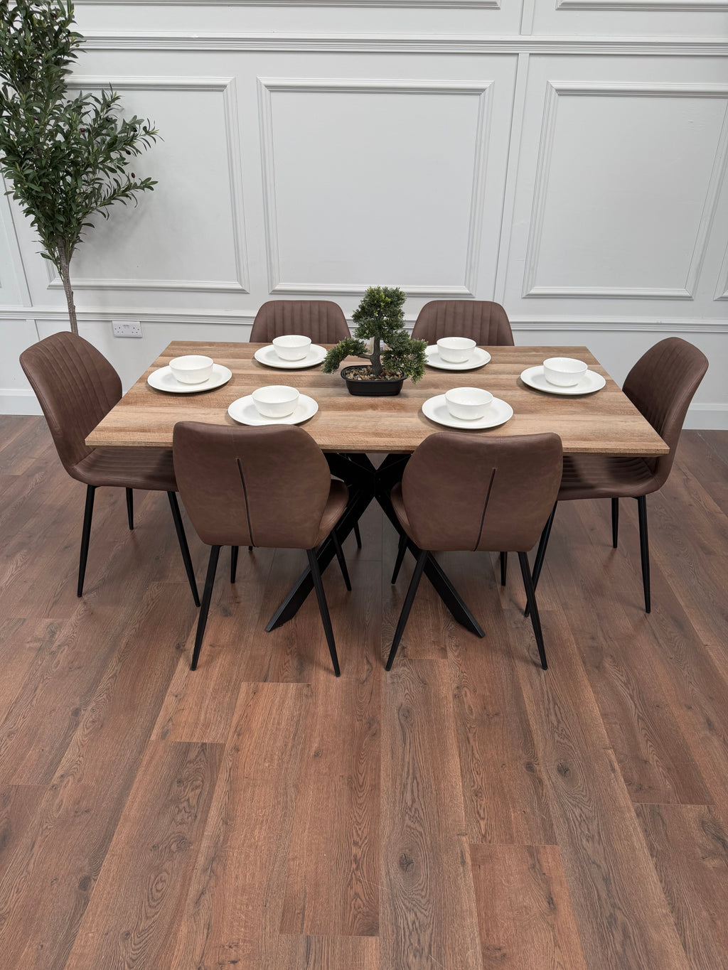 Epsom Rustic Oak  1.6m + 6 Lyra Chairs Brown  PU